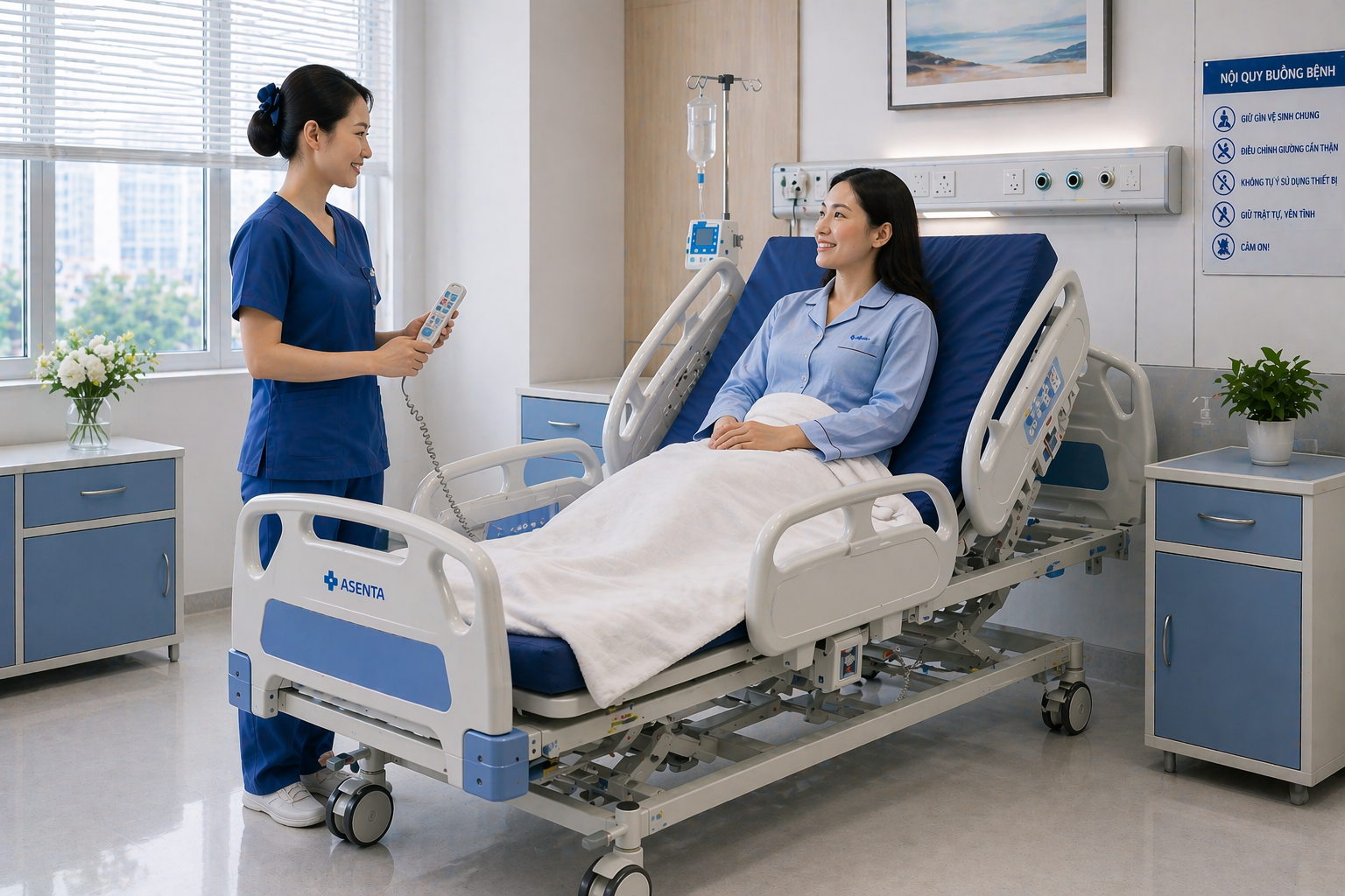 Giường bệnh nhân chỉnh điện điều chỉnh các chức năng bằng remote rất tiện lợi