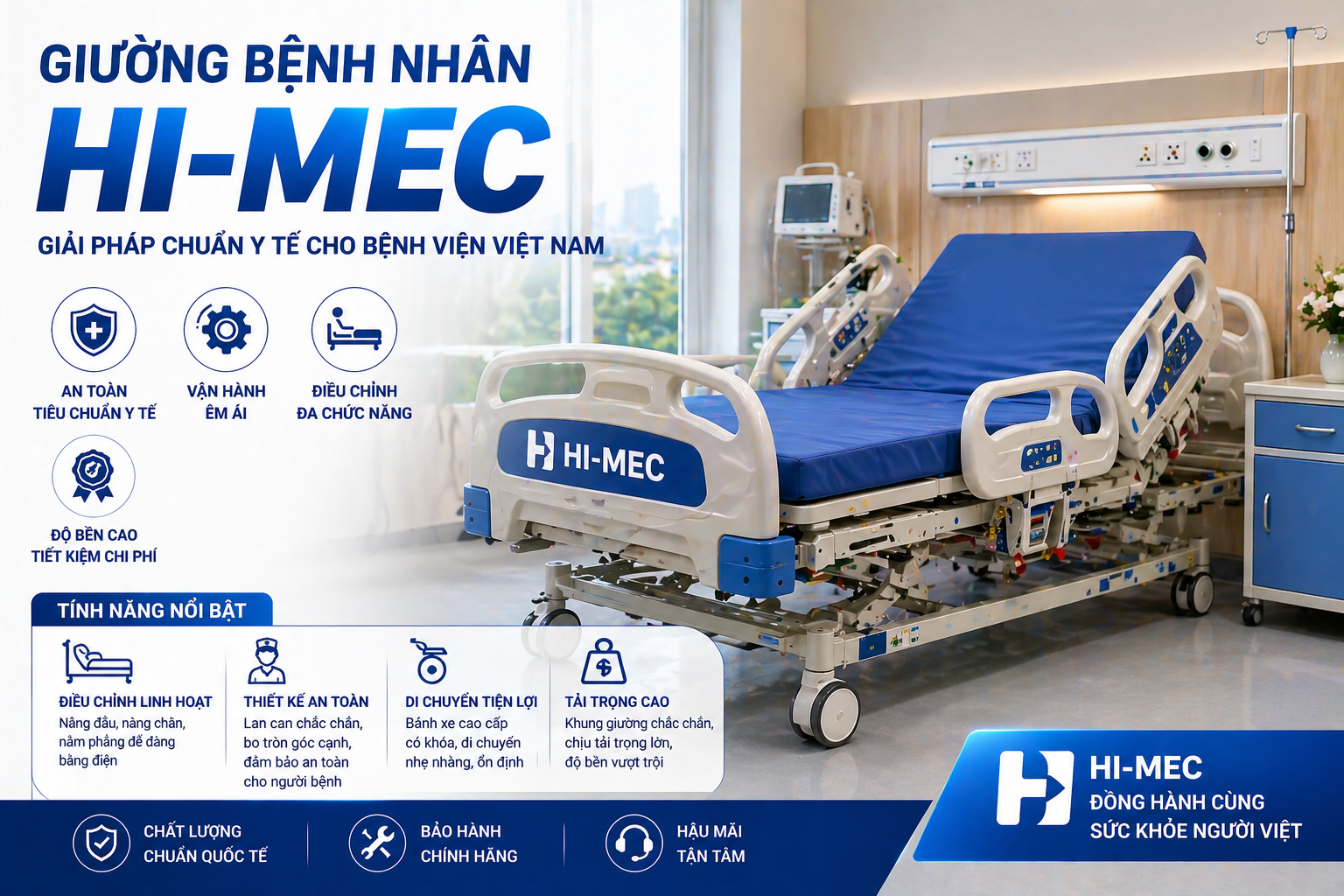 Giường y tế thương hiệu Hi-Mec là sản phẩm được sản xuất chính hãng tại Việt Nam