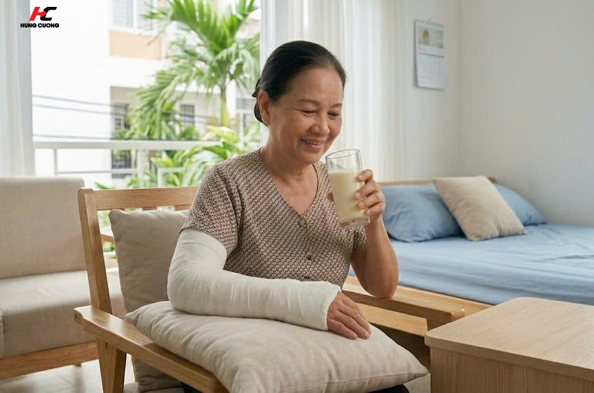 Sữa bổ sung canxi cho người gãy xương là rất cần thiết (Hình ảnh được tạo bởi AI)