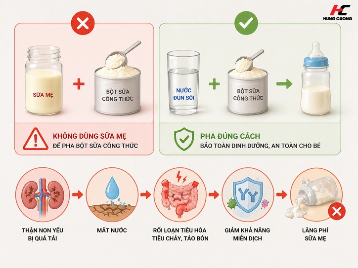 Những sai lầm nguy hiểm khi pha sữa mẹ với sữa công thức