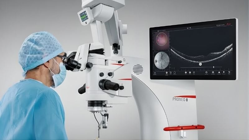 Bác sĩ sử dụng kính hiển vi phẫu thuật có tích hợp OCT để theo dõi cấu trúc võng mạc.
