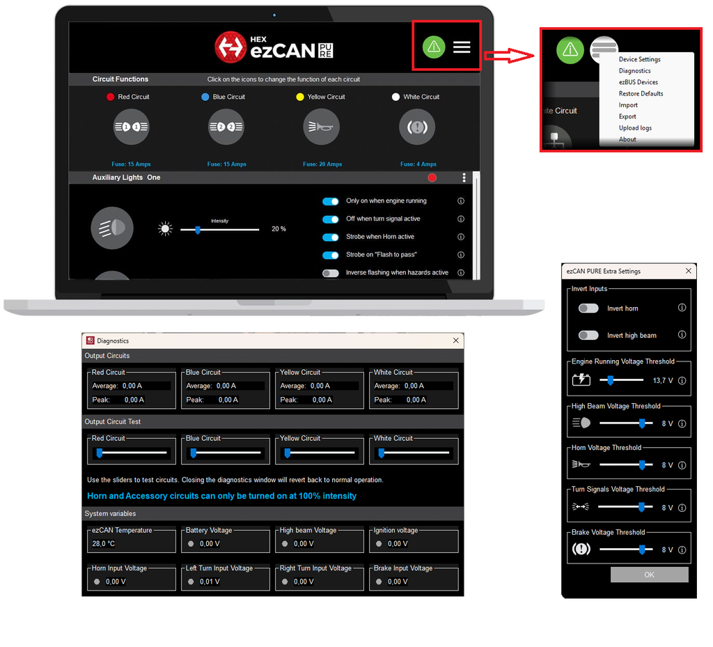 Giao diện của “Diagnostics” và “Device Settings”