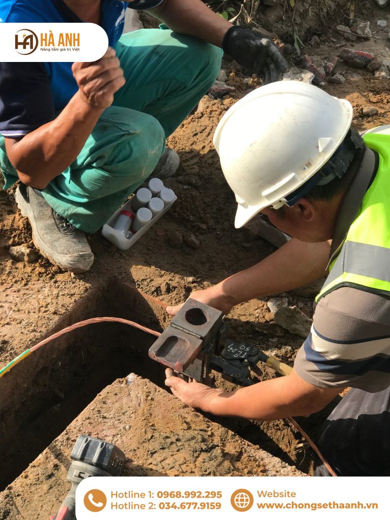 Hàn hóa nhiệt dây tiếp địa và cọc thép mạ đồng tại bệnh viện Nội tiết Thái Bình