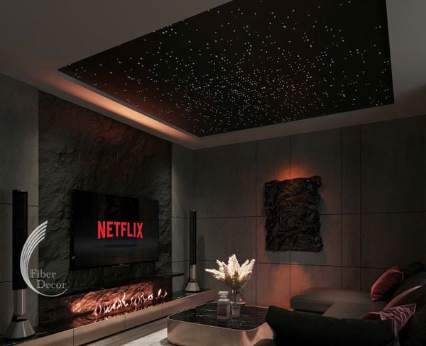 Trần sao phòng karaoke màu xanh dương huyền ảo với hàng nghìn ngôi sao lấp lánh – thi công bởi Fiber Decor