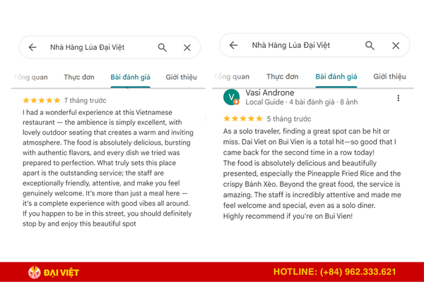 Tourists can easily find many positive reviews of Lua Dai Viet restaurant on Google