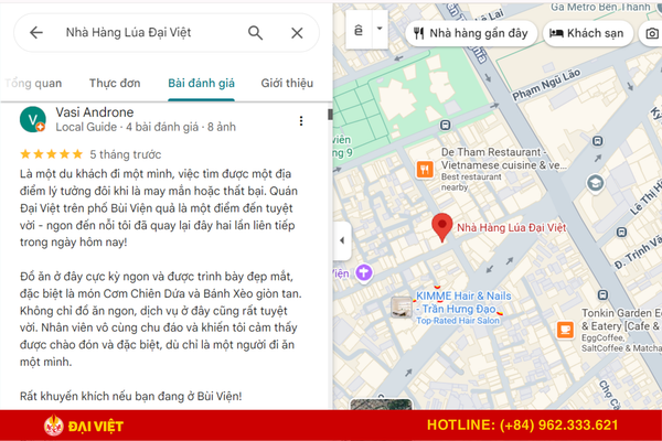 Du khách dễ dàng tìm kiếm được nhiều đánh giá tốt trên Google nhà hàng Lúa Đại Việt