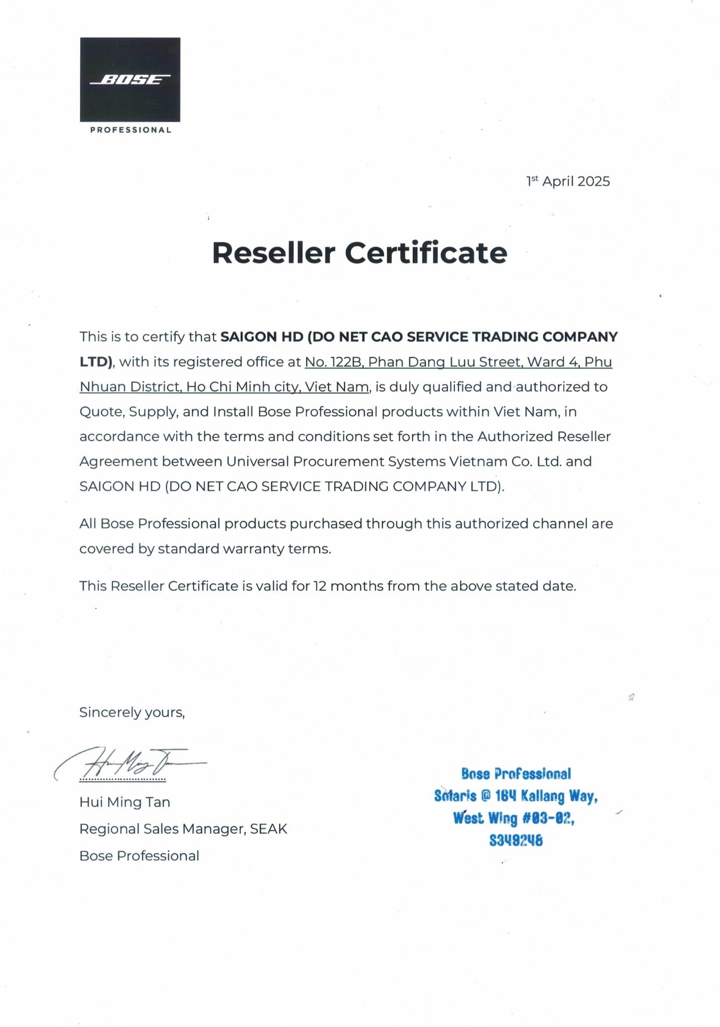 Bose Certificate - Giấy chứng nhận SAIGON HD là đại lý uỷ quyền chính hãng của Bose tại Việt Nam