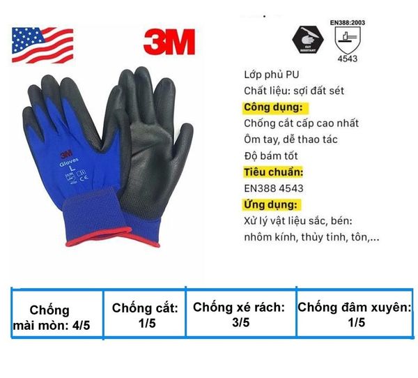 Găng tay chống cắt 3M được làm từ sợi phủ lớp PU dày