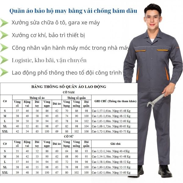 Bảng size may quần áo bảo hộ theo yêu cầu