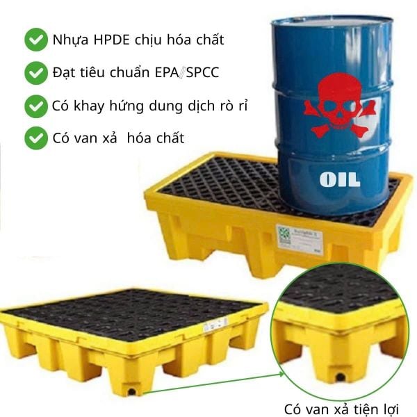 Pallet chống tràn dầu loại 2 phuy làm từ nhựa HDPE