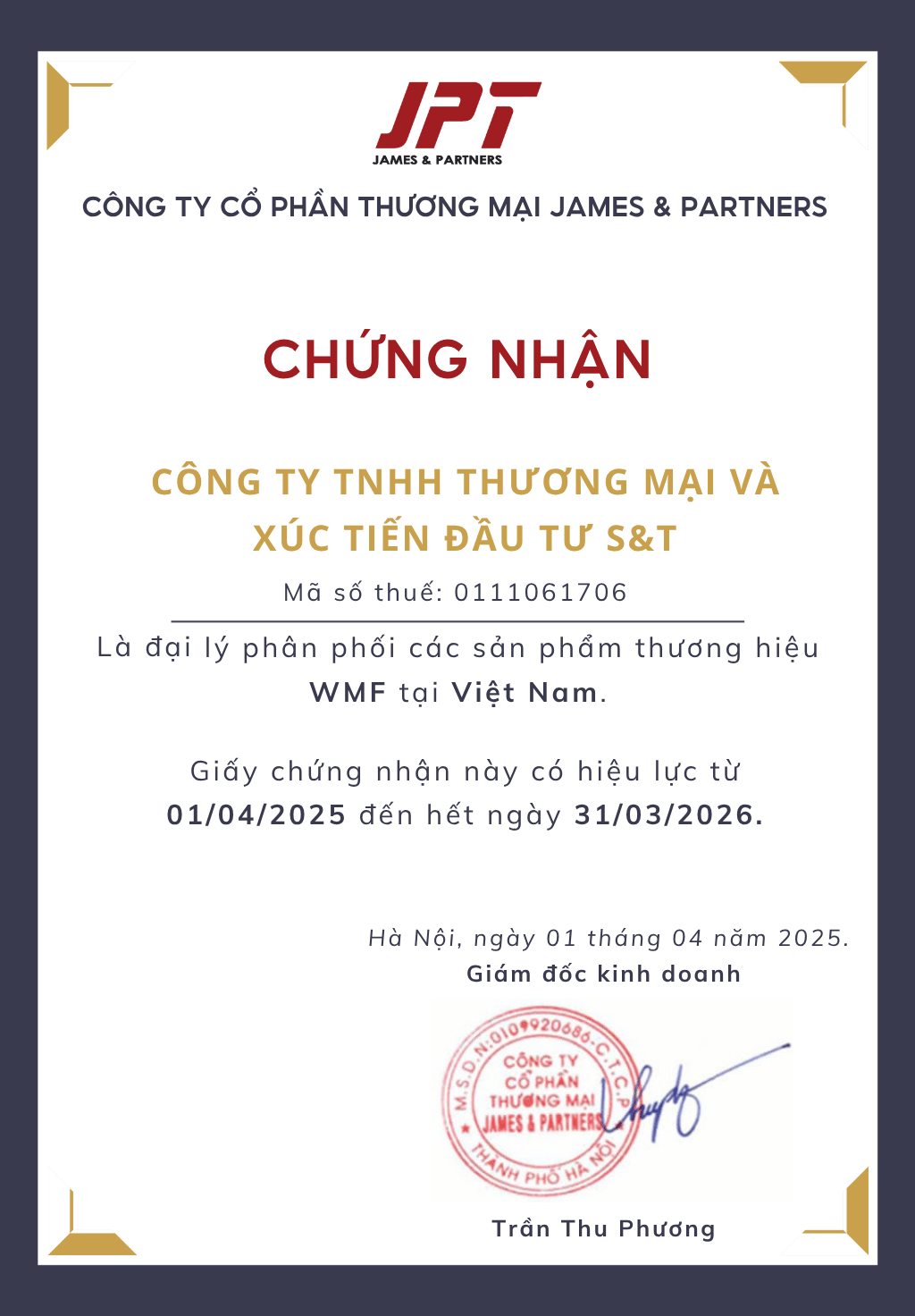 Giấy chứng nhận đại lý chính thức phân phối WMF chính hãng tại Việt Nam