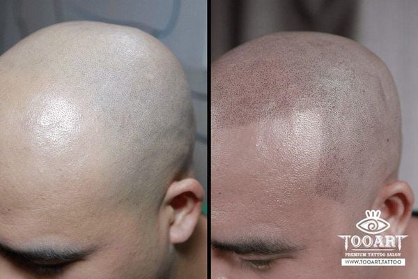Hình ảnh trước và sau khi xăm chân tóc tại TooArt Tattoo, hiệu ứng tóc thật tự nhiên và đều màu