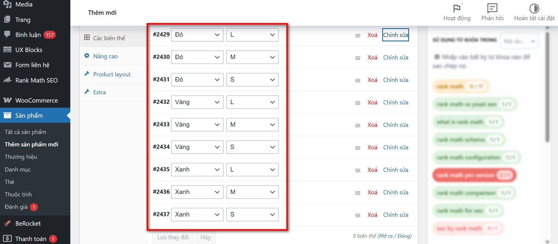 Cấu hình các biến thể cho sản phẩm