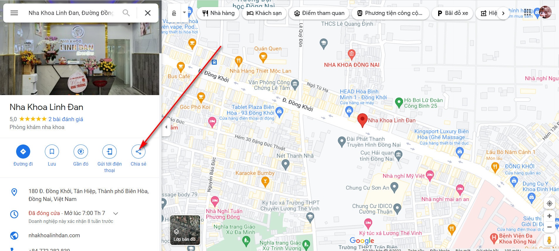 Cách nhúng Google Maps vào website thông qua tìm kiếm Nha Khoa Linh Đan