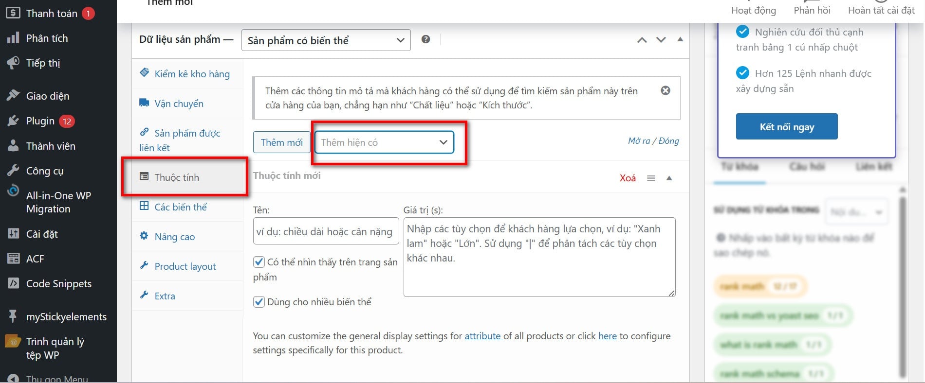 Cấu hình thuộc tính cho sản phẩm Wordpress
