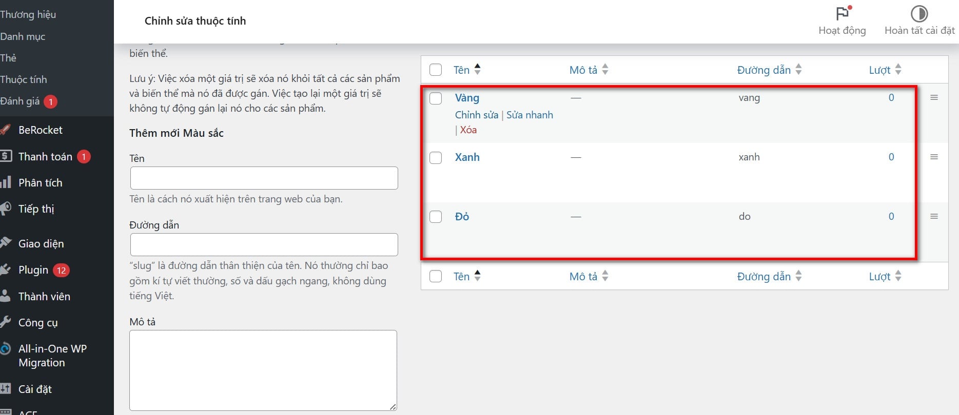 Cấu hình chủng loại của thuộc tính sản phẩm