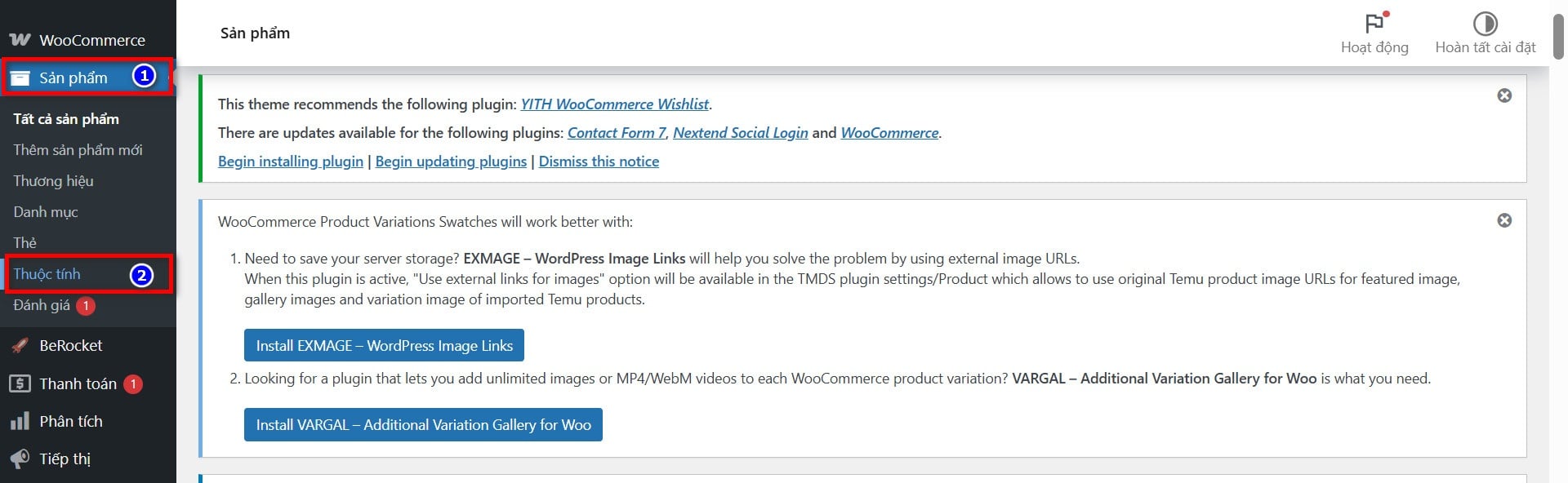 Cấu hình thuộc tính cho sản phẩm Wordpress