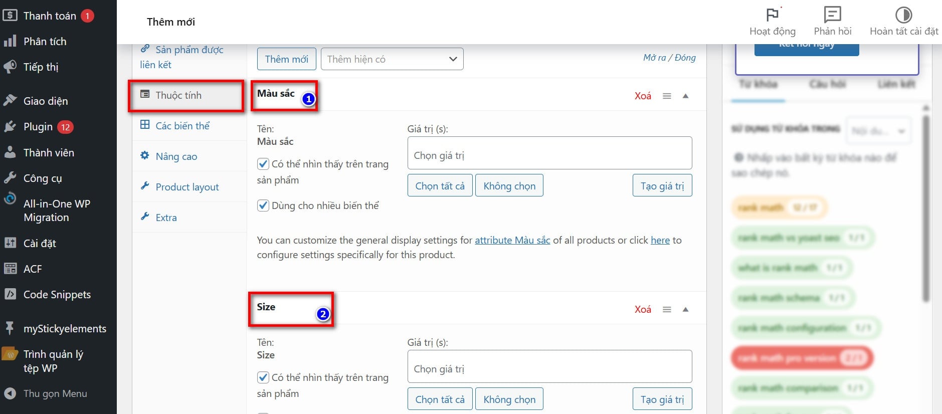Thêm các thuộc tính đã cấu hình trước đó