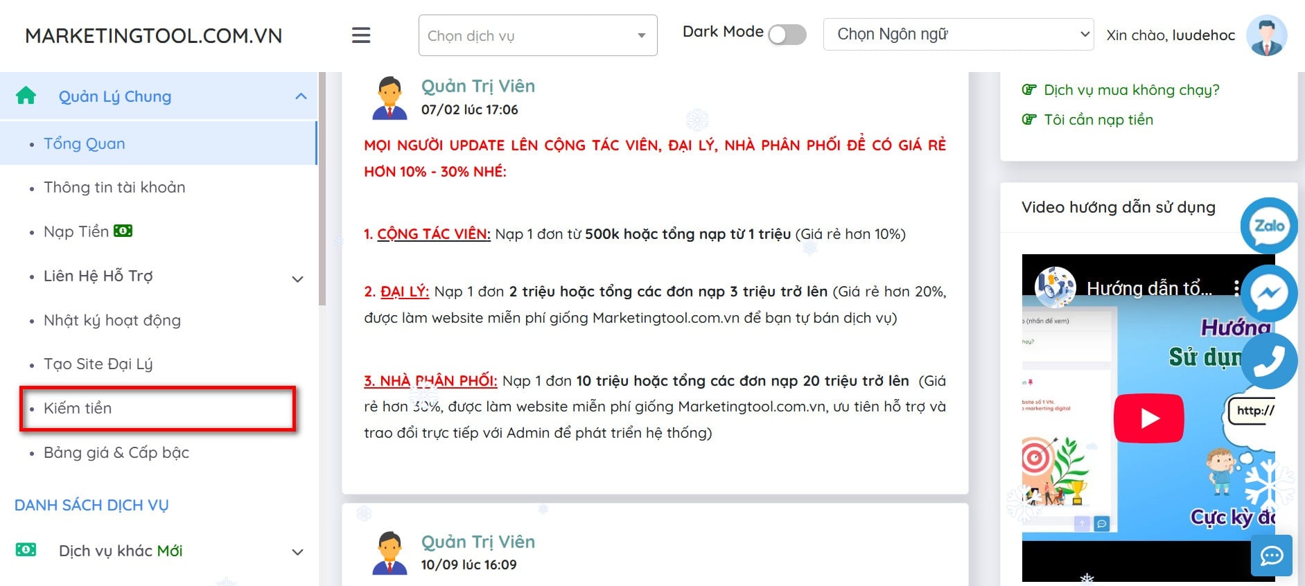 Nạp tiền vào tài khoản Marketingtool
