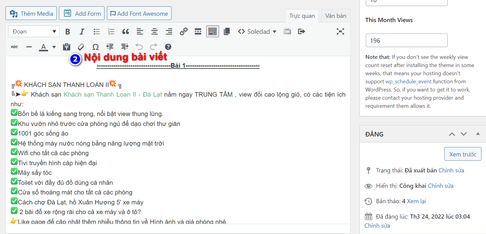 Nội dung bài viết trong Website Wordpress