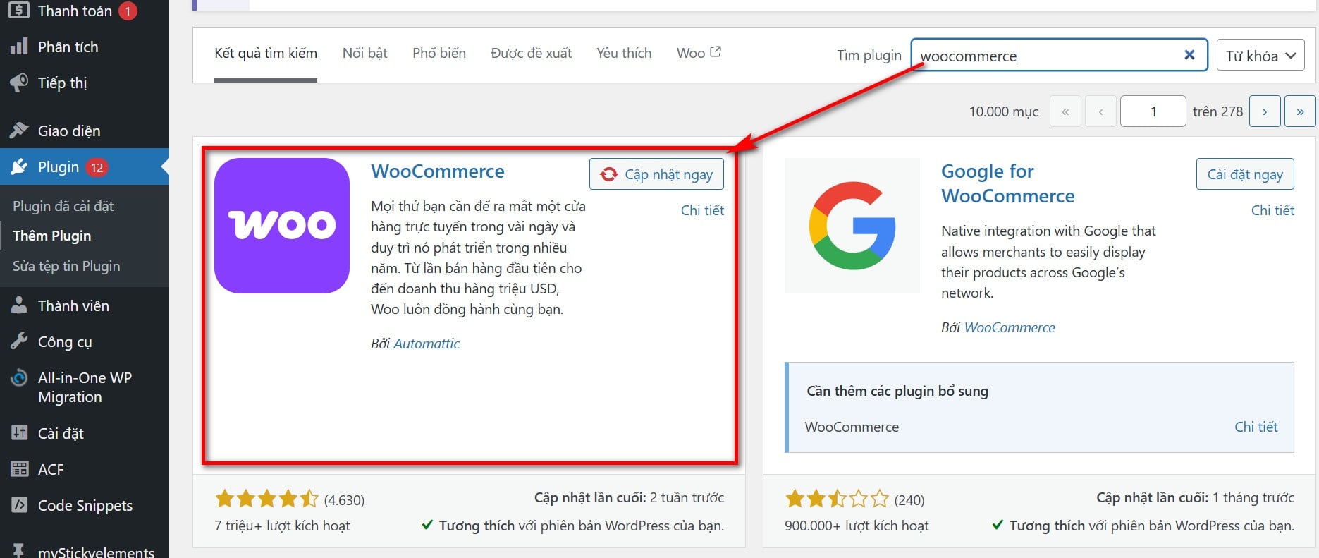 Cài đặt plugin Woocommerce