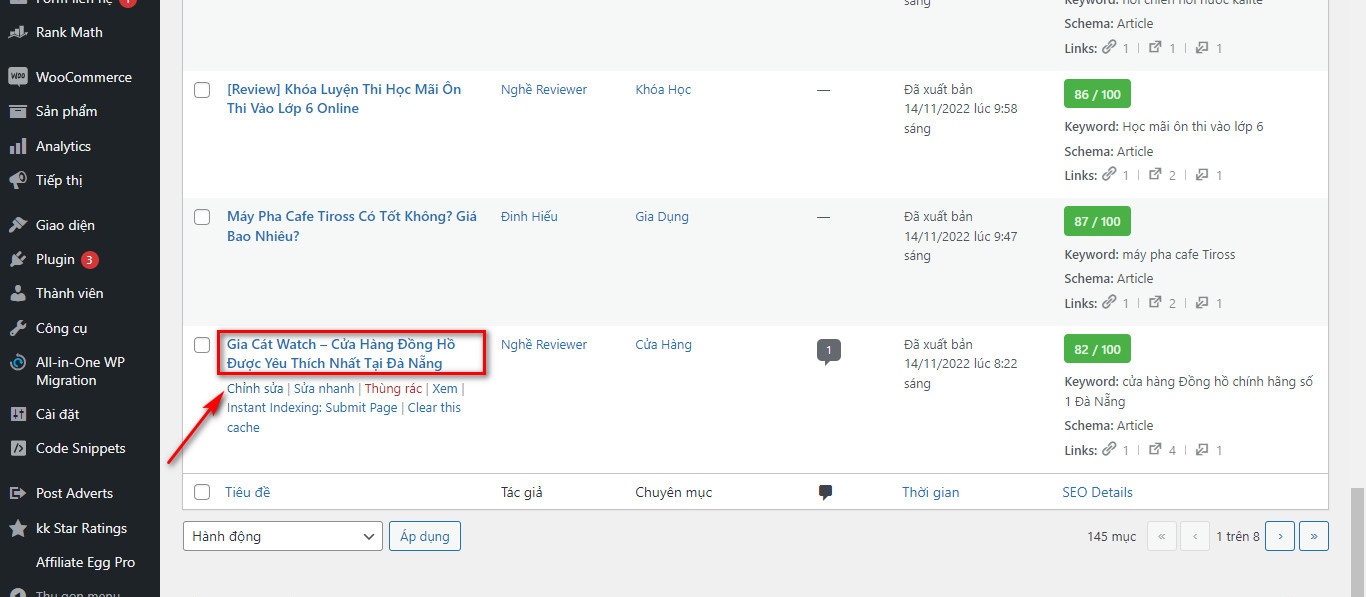 Rê chuột vào tên bài viết cần chỉnh sửa