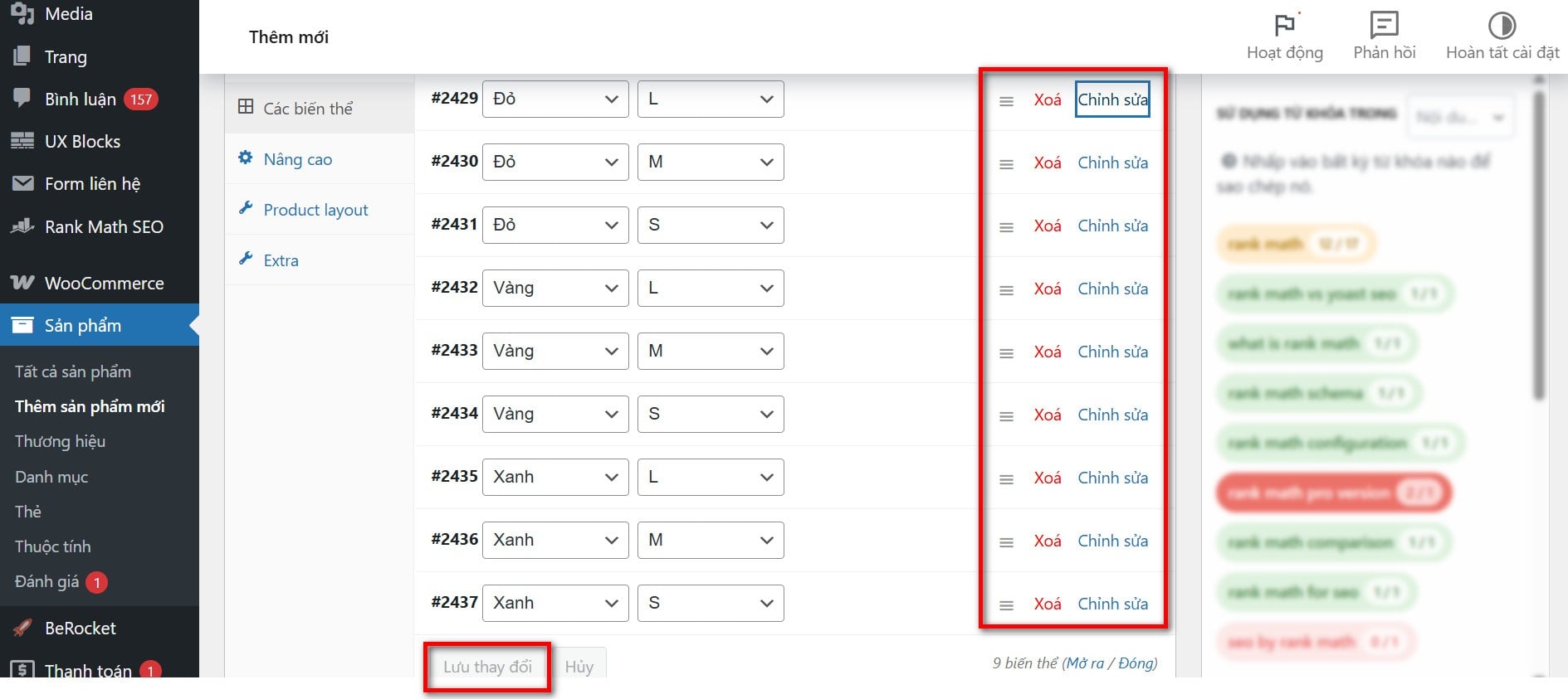 Xóa sửa biến thể sản phẩm