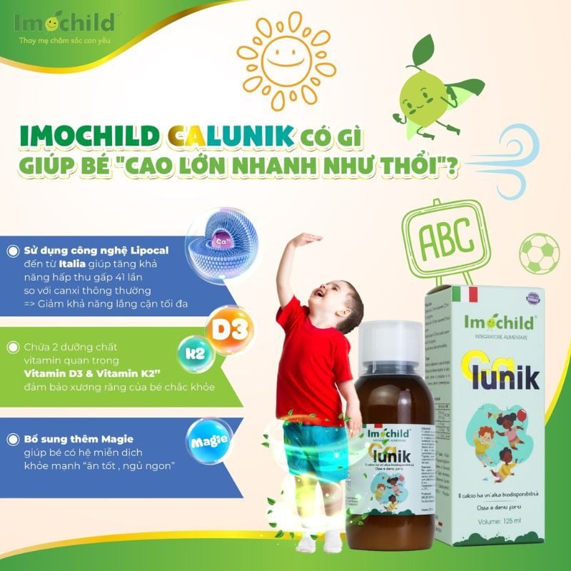 nhathuocvietnhat.vn- Calunik Imochild: canxi trẻ em Lipocal, D3, K2, Magie giúp bé cao lớn, xương răng chắc khỏe.