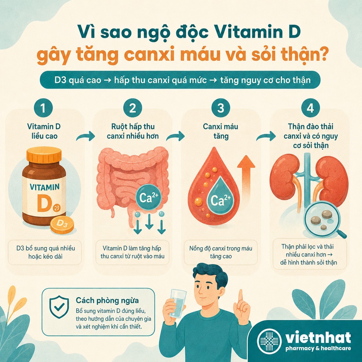 nhathuocvietnhat.vn-Vitamin D liều cao làm tăng hấp thu canxi, tăng canxi máu và tăng nguy cơ sỏi thận