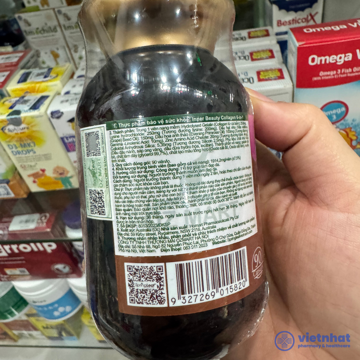 nhathuocvietnhat.vn-Bảng thành phần Collagen Springleaf với nhãn phụ tiếng Việt, mã QR đầy đủ từ đơn vị nhập khẩu