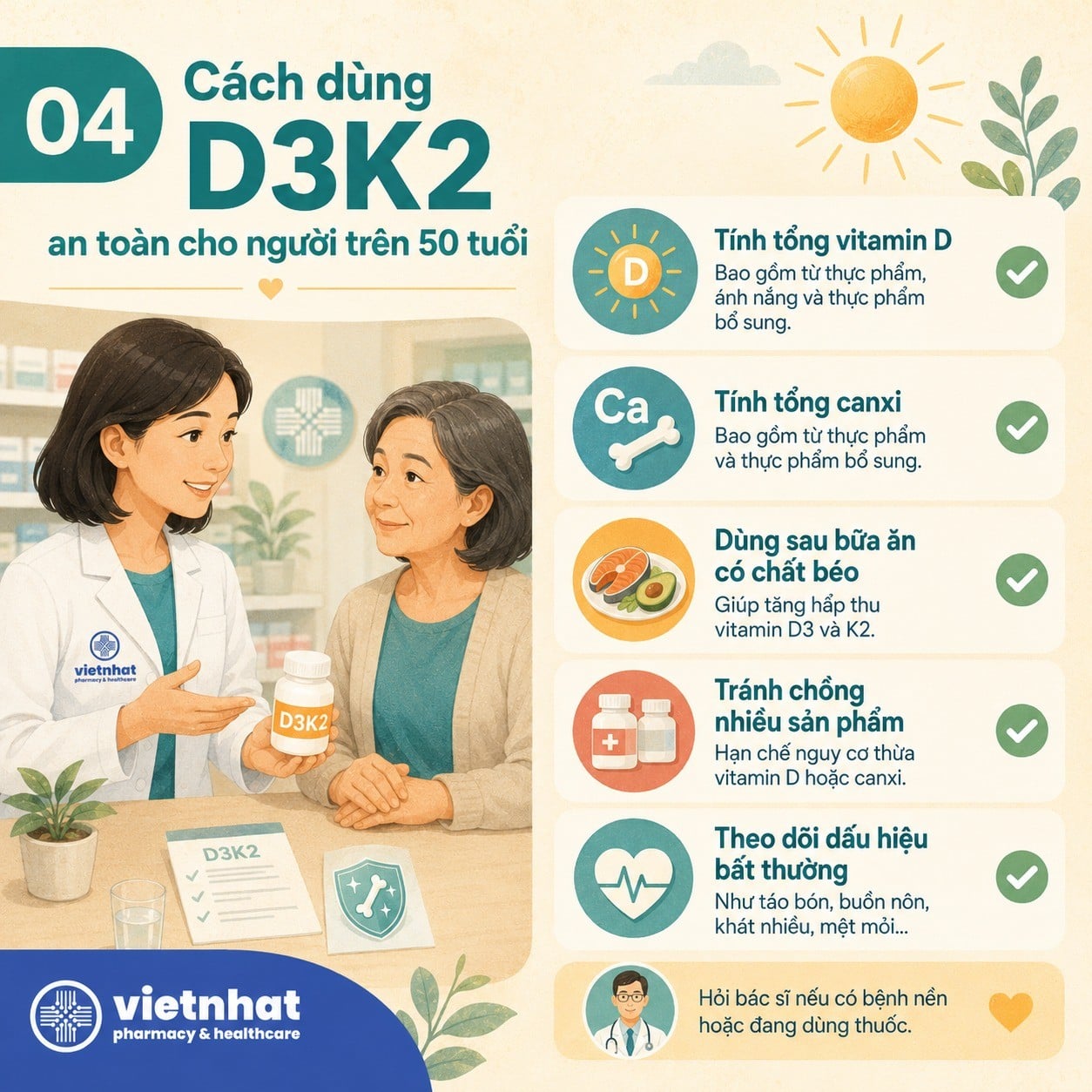 nhathuocvietnhat.vn-Cách dùng D3K2 an toàn cho người trên 50 tuổi