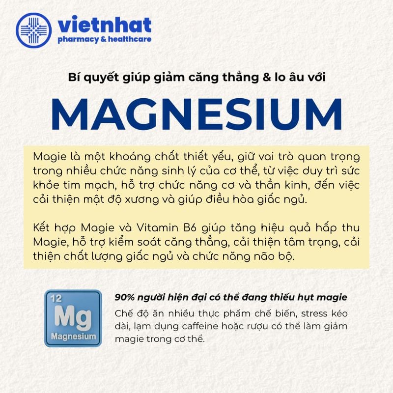 nhathuocvietnhat.vn - Kết hợp Magie và Vitamin B6 giúp tăng hiệu quả hỗ trợ hệ thần kinh, cải thiện tâm trạng và chất lượng giấc ngủ
