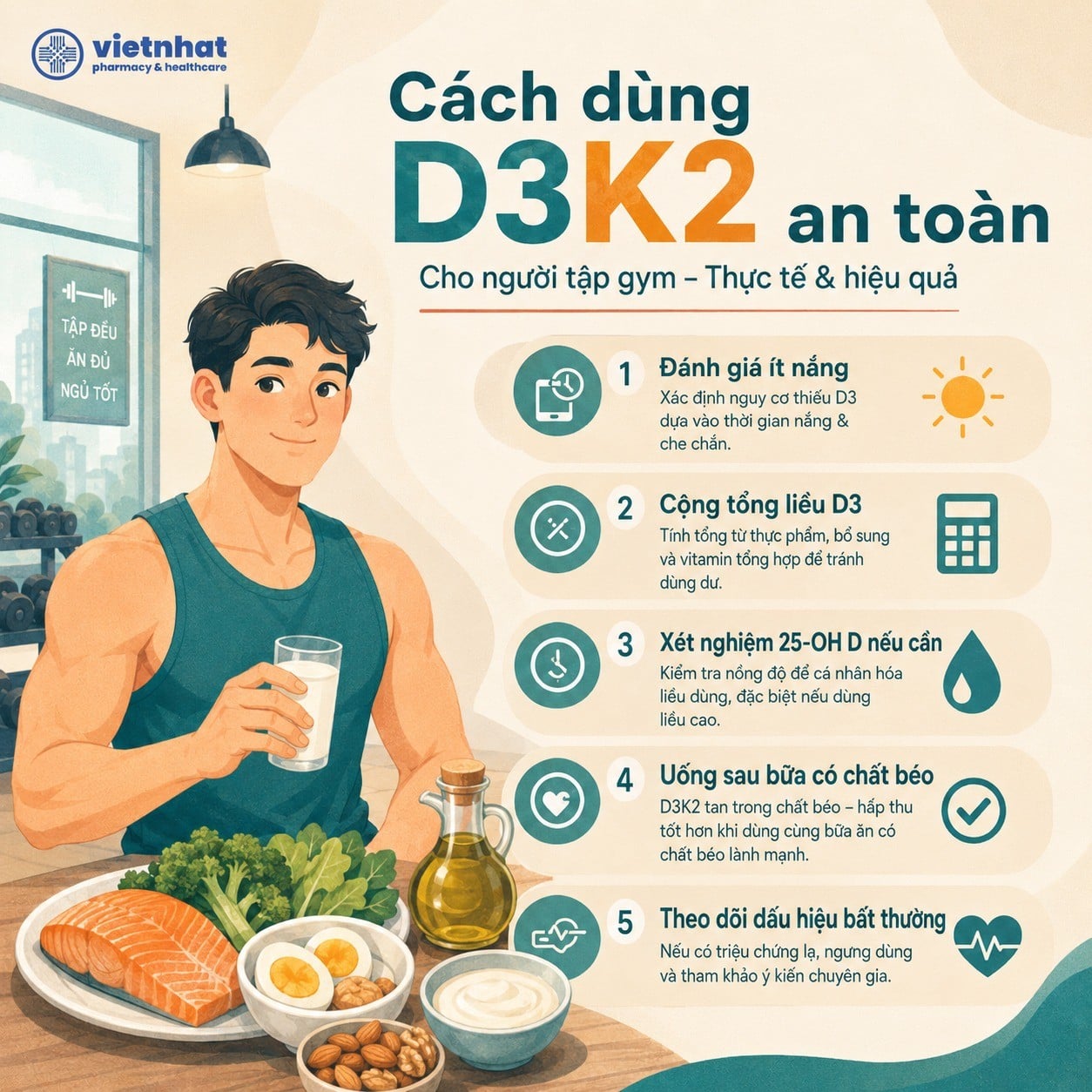 nhathuocvietnhat.vn-Cách dùng D3K2 an toàn cho người tập gym