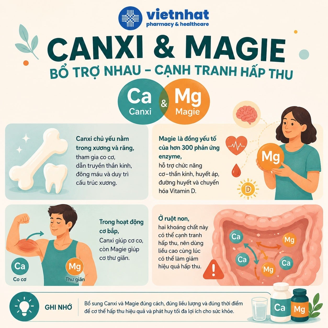 nhathuocvietnhat.vn -Canxi và Magie có mối quan hệ bổ trợ nhưng cũng cạnh tranh hấp thu