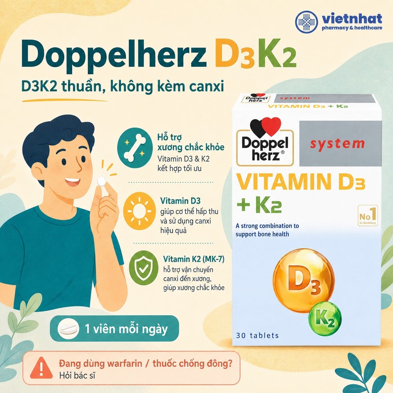 nhathuocvietnhat.vn-Doppelherz D3K2 thuần với D3 1400 IU và K2 MK7 100 mcg