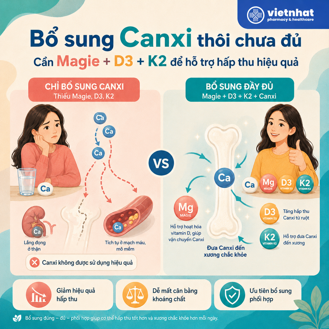 nhathuocvietnhat.vn-Nguyên Tắc Phối Hợp Các Vi Chất Thiết Yếu — vì sao Ca-Mg-D3-K2 cần đi cùng nhau.