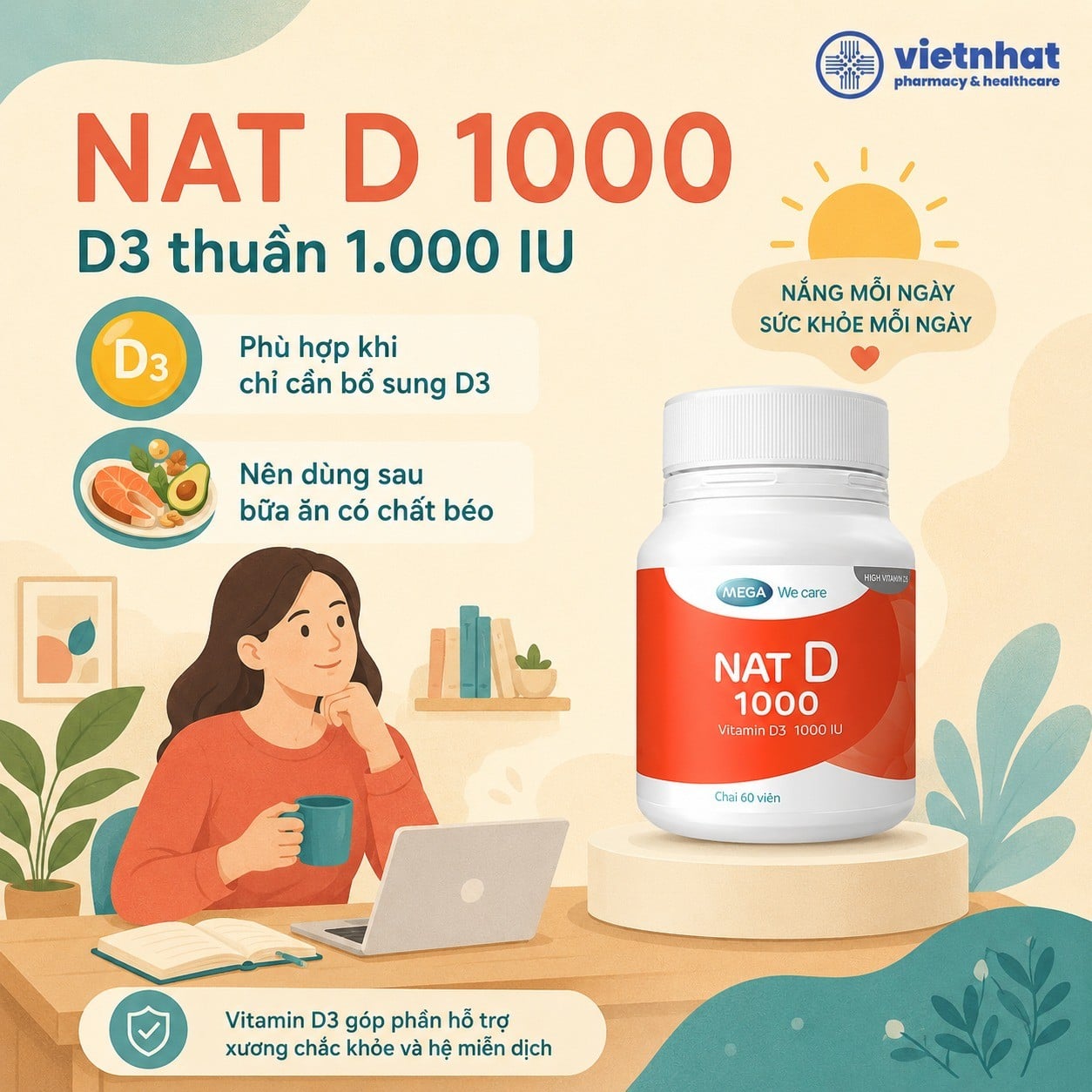 nhathuocvietnhat.vn-NAT D 1000 vitamin D3 thuần 1000 IU cho người lớn