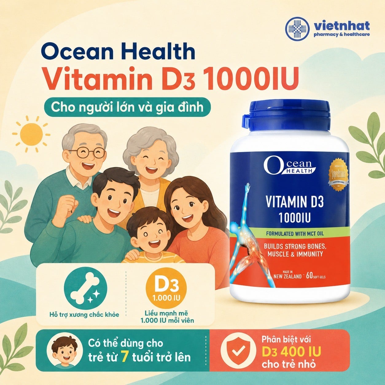 nhathuocvietnhat.vn-Ocean Health Vitamin D3 1000IU cho người lớn và gia đình