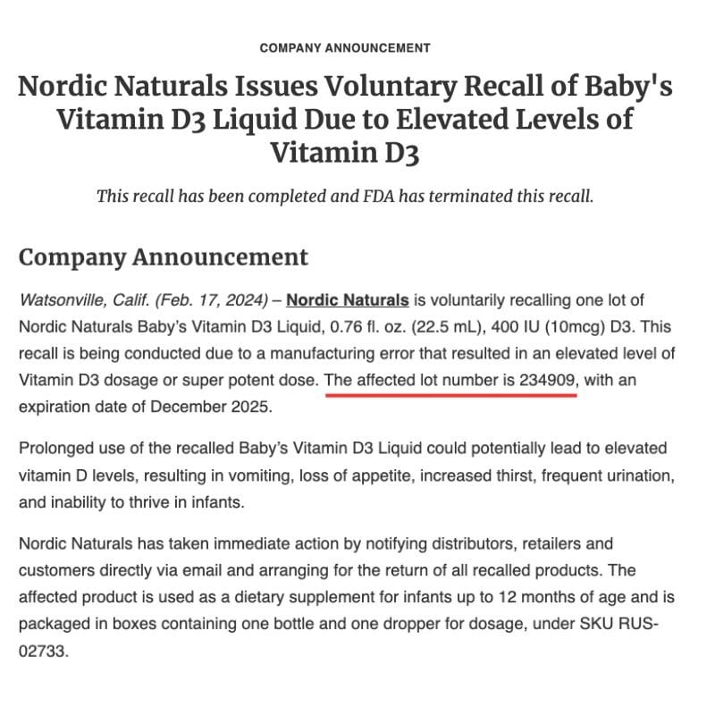 nhathuocvietnhat.vn - Thông báo thu hồi D3 Nordic với lô 234909 tại thị trường Mỹ