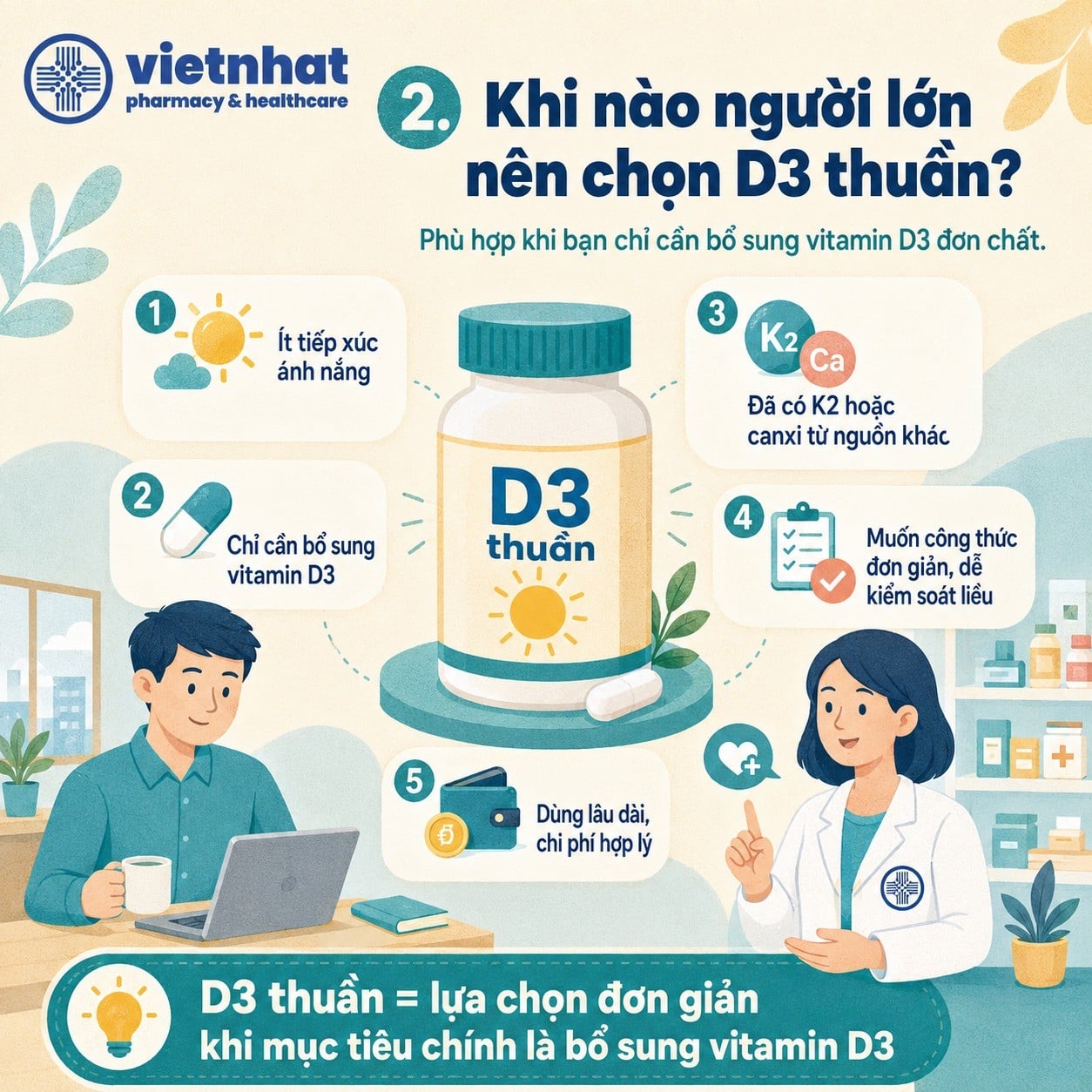 nhathuocvietnhat.vn- Trường hợp người lớn nên chọn Vitamin D3 thuần