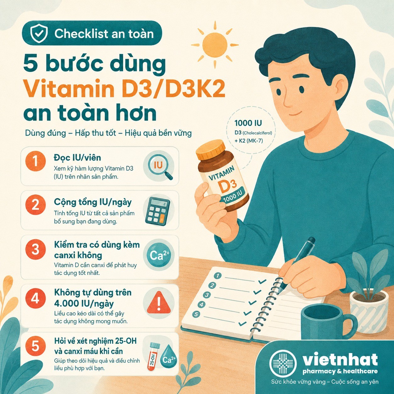 nhathuocvietnhat.vn-Checklist 5 bước dùng vitamin D3 D3K2 an toàn