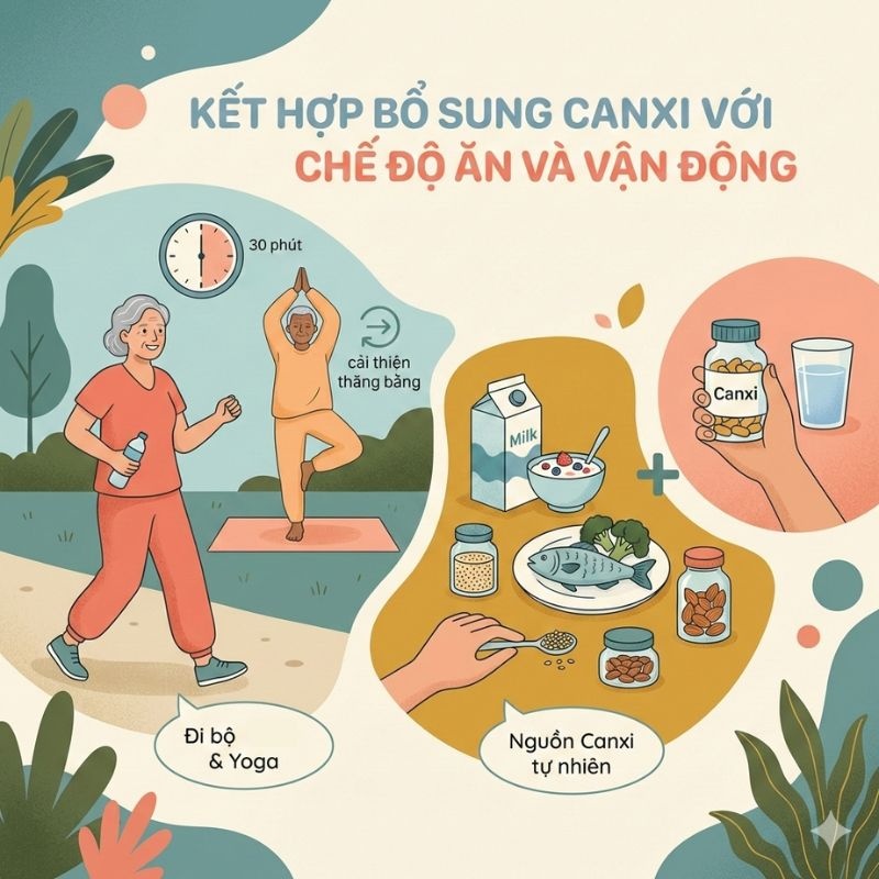 nhathuocvietnhat.vn - Kết hợp bổ sung canxi thông qua chế độ ăn và vận động để tăng cường sức khỏe xương.