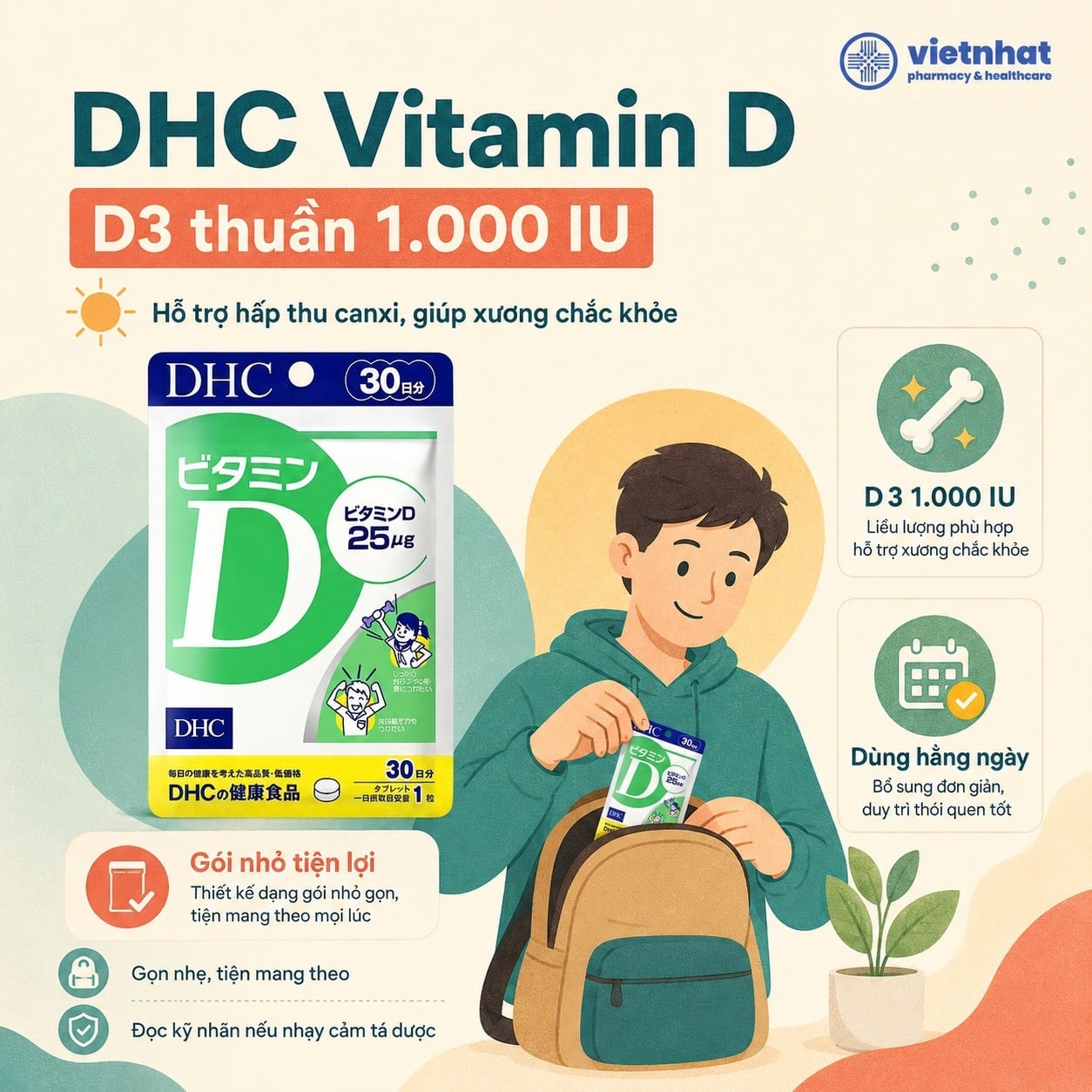 nhathuocvietnhat.vn-DHC Vitamin D dạng gói nhỏ tiện mang theo