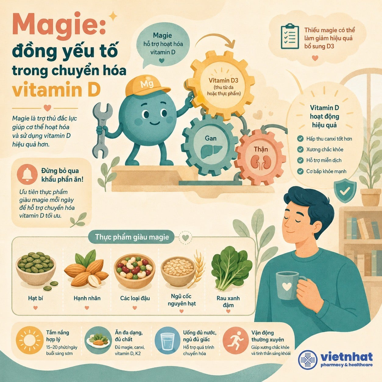 nhathuocvietnhat.vn- Magie là đồng yếu tố hỗ trợ chuyển hóa vitamin D và tăng hiệu quả bổ sung D3