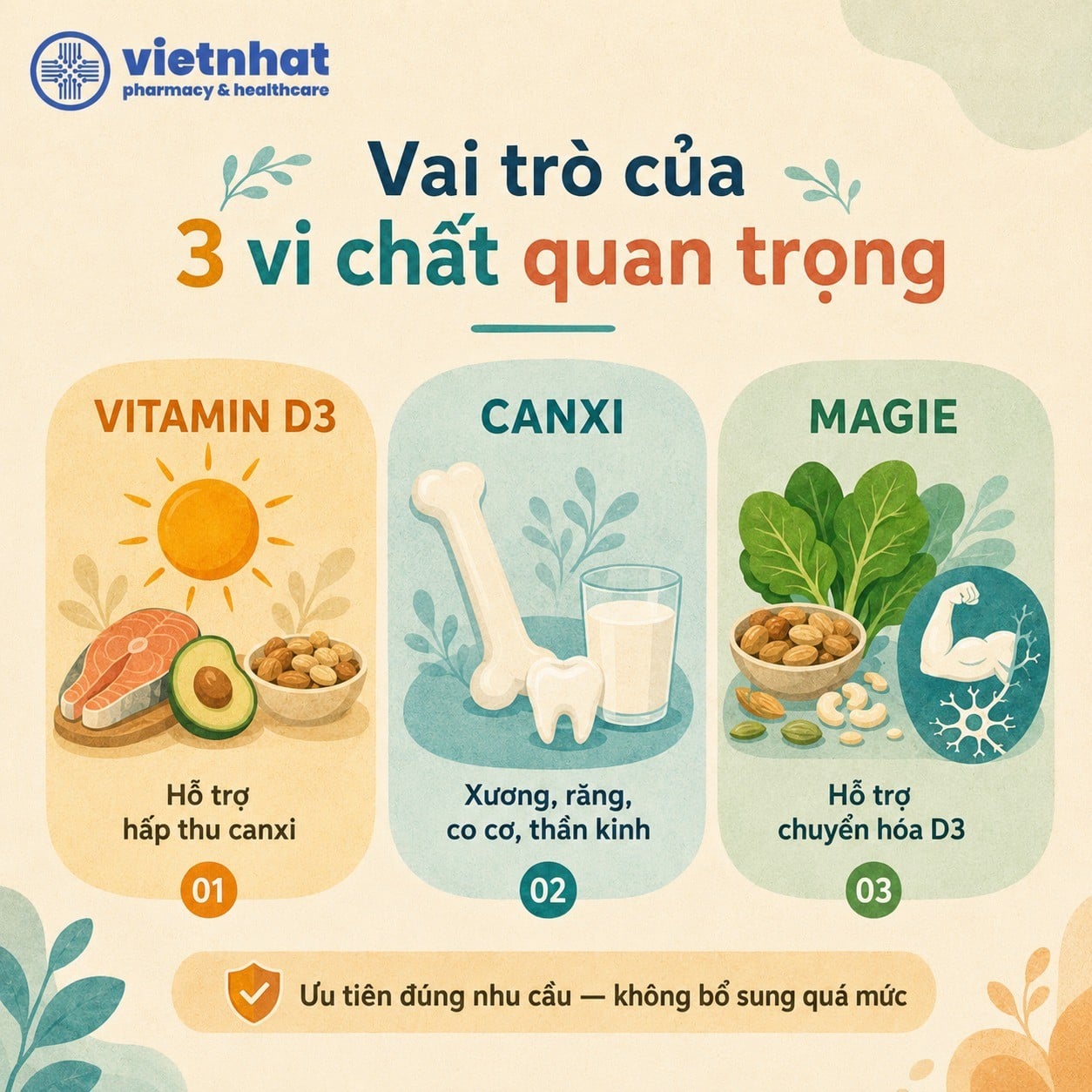 nhathuocvietnhat.vn-Vai trò của vitamin D3, canxi và magie đối với sức khỏe xương cơ