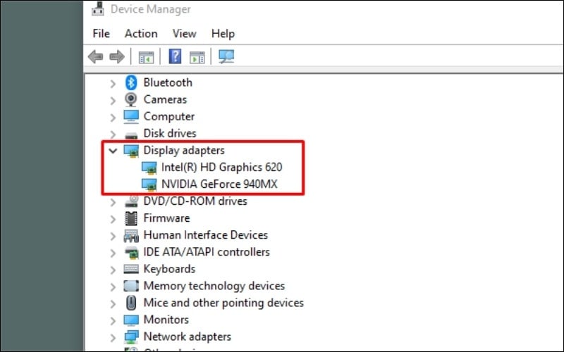 Tìm và mở rộng mục Display adapters, tên của các card màn hình đang hoạt động trên máy sẽ hiện ra