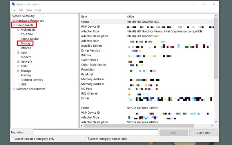 Điều hướng đến mục Components ở cột bên trái và chọn Display