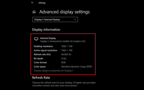 Vào Settings > System > Display > Chọn Advanced display settings