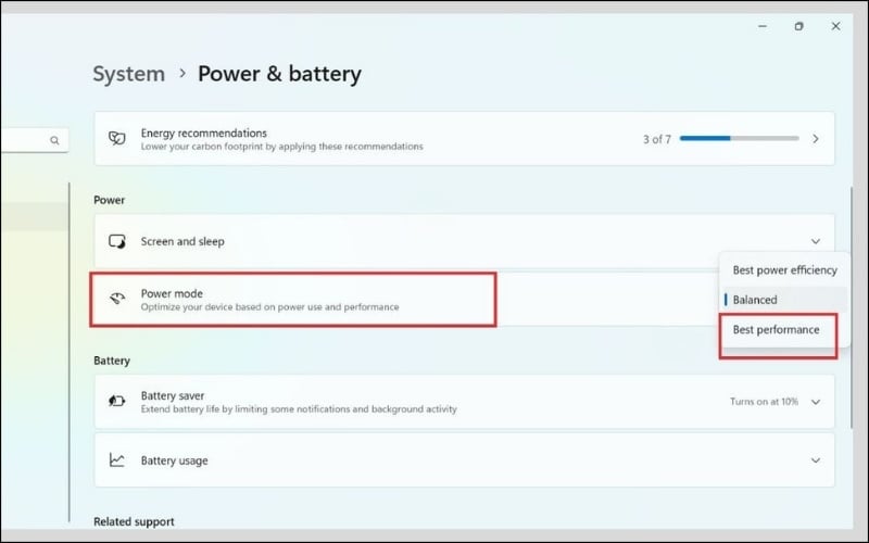 Tại mục Power mode, hãy chọn tùy chọn Best performance