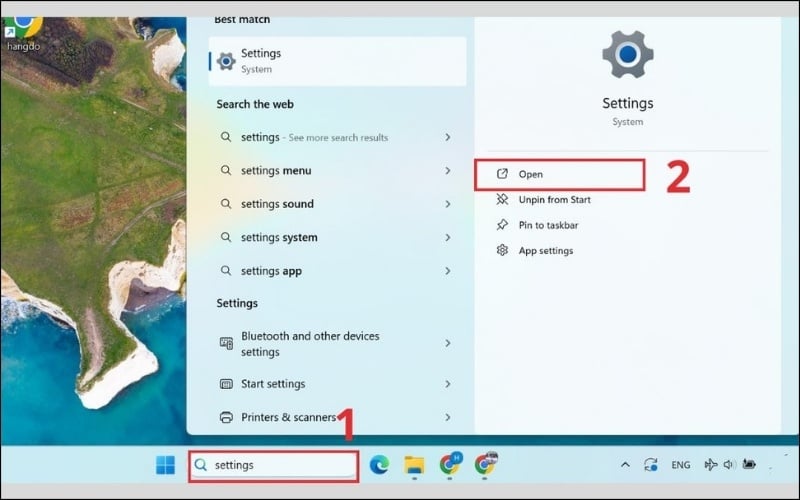 Mở Settings bằng cách tìm kiếm trên Taskbar rồi nhấn Open